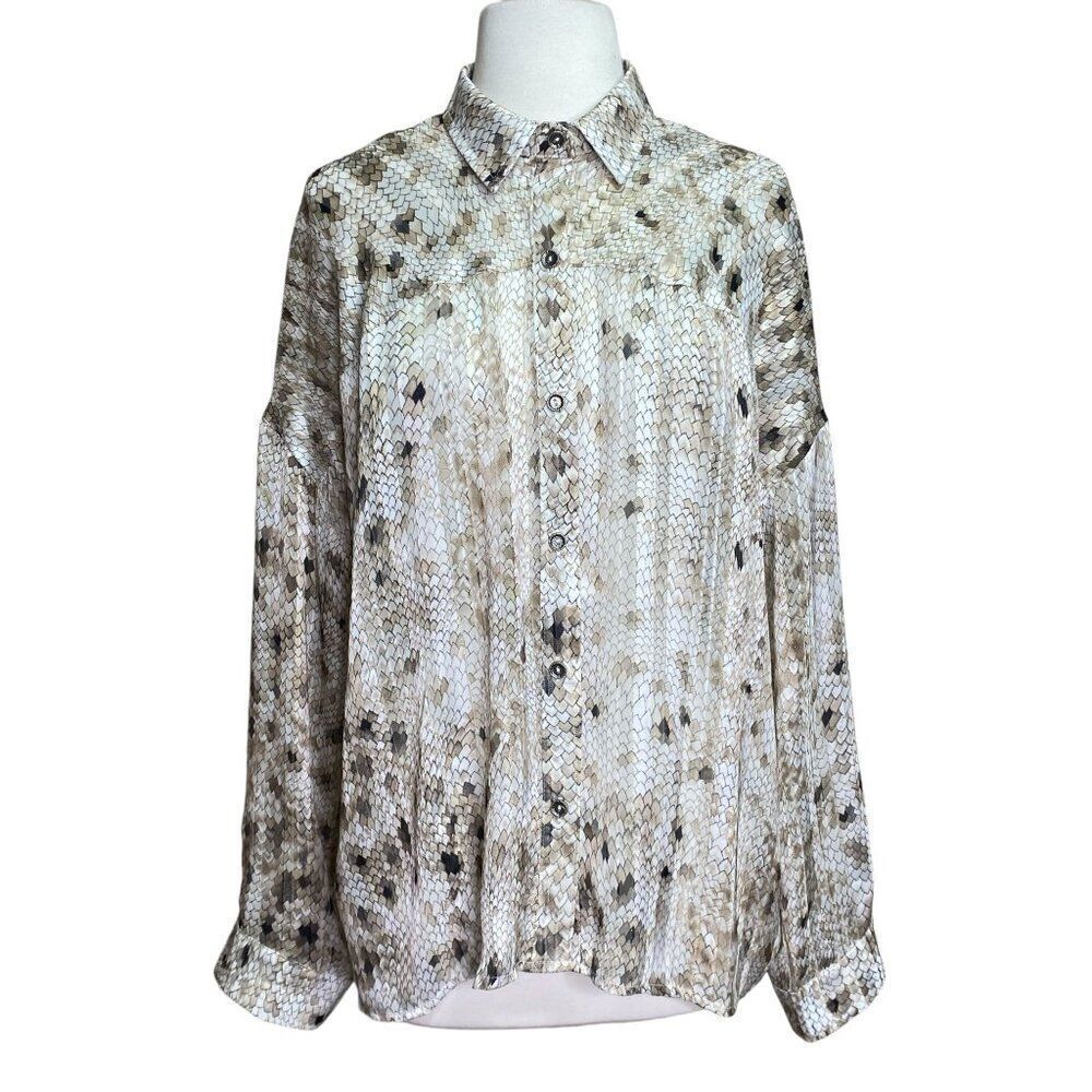 POL Sheer Button Front Blouse Tan and Gold Scale Print Medium
